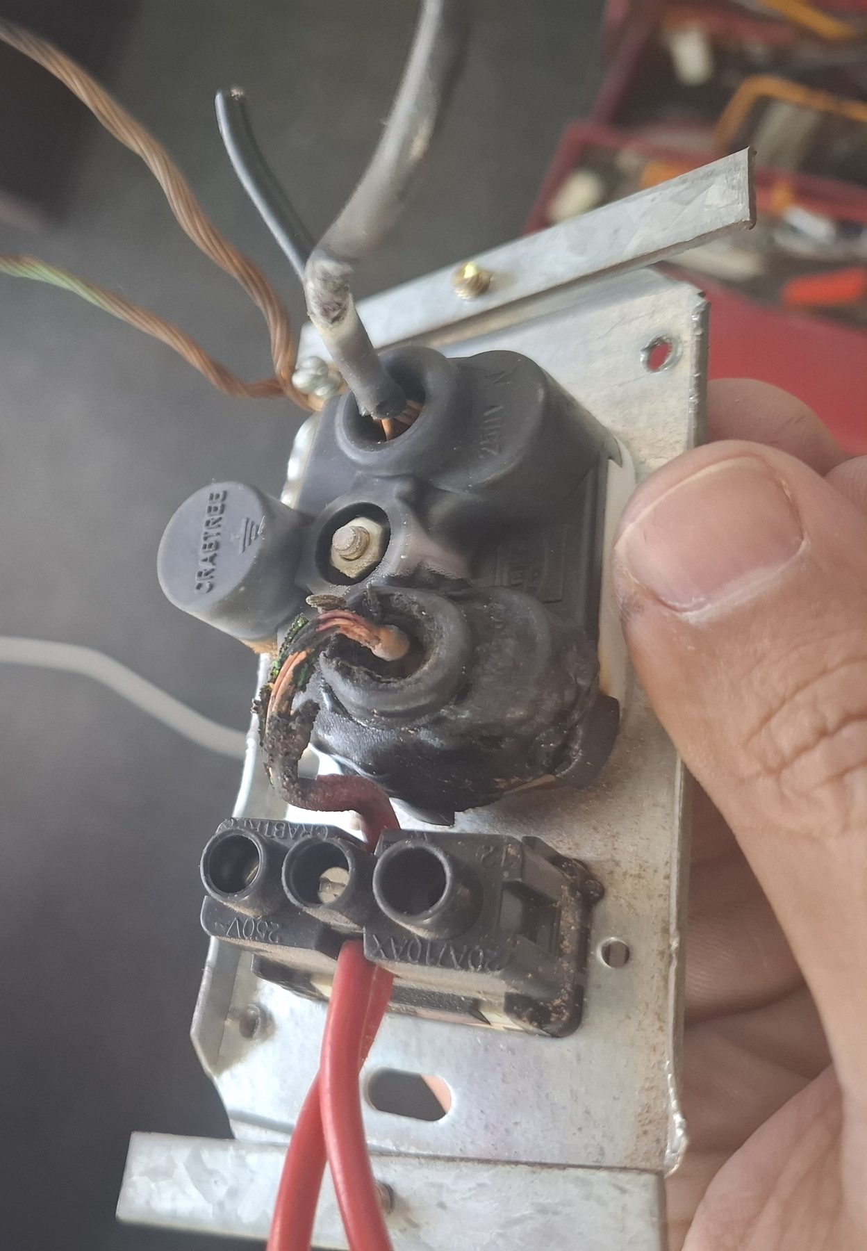 Melted and scorched terminal block removed from an overloaded circuit