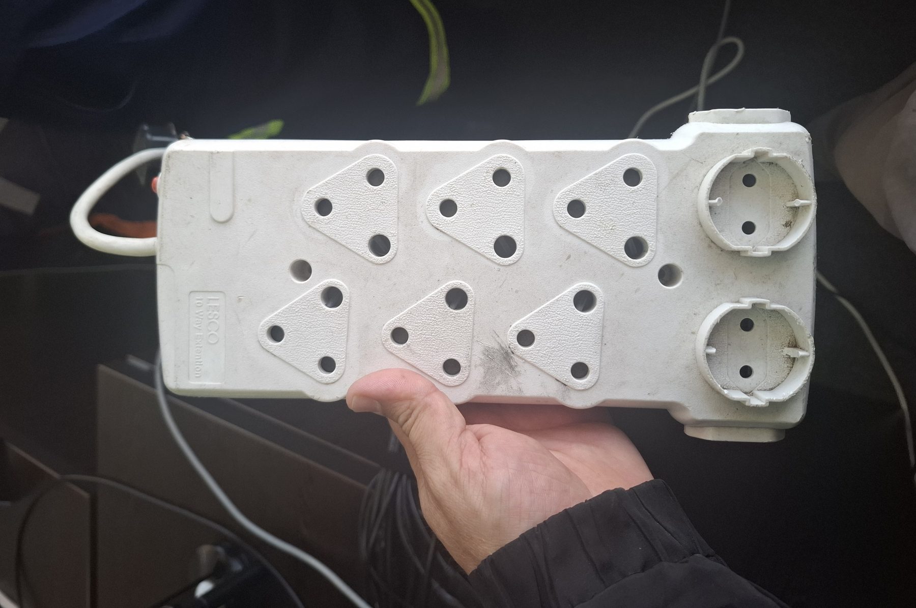 A ten-way multi-plug extension with six three-pin and two Schuko sockets